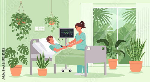 Nurse Monitoring Patient in Hospital Room with Plants.