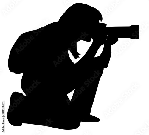 High contrast vector silhouette of person taking photo with camera, flat design, isolated on white