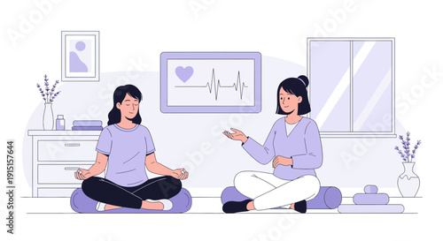 Two Women Meditating Together in a Peaceful Room.