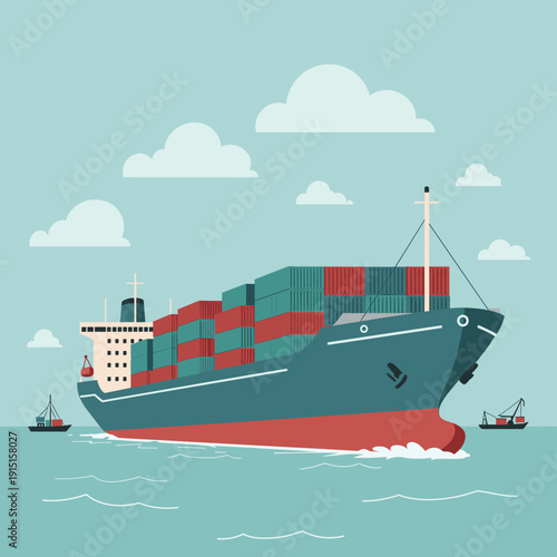 A large container ship carrying cargo on the open sea under a cloudy sky, with smaller vessels nearby.