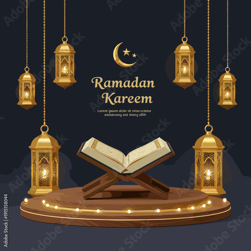 Ramadan Kareem greeting with an open holy book, golden lanterns, and crescent moon on a decorated platform.
