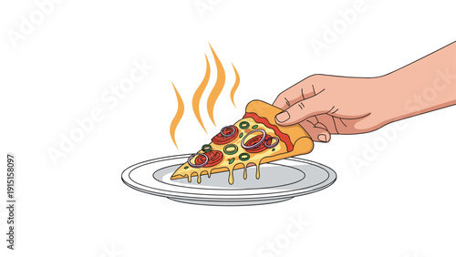 Appetizing slice of hot pepperoni pizza with melting cheese and vegetable toppings being picked up by a hand from a plate.