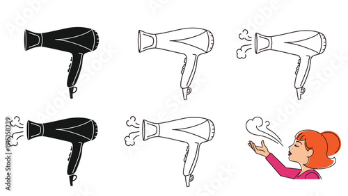 Collection of hair dryer icons in different styles along with an illustration of a woman drying her hair with air flow.