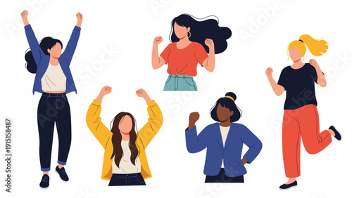 Diverse group of young women celebrating with their arms raised in victory, expressing empowerment, joy, and success in a flat vector style.