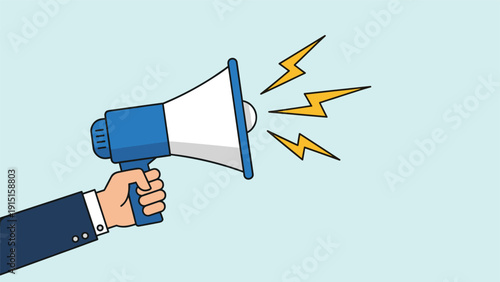 Hand holding a blue megaphone with yellow lightning bolt symbols indicating loud sound, communication, news, and important announcements.