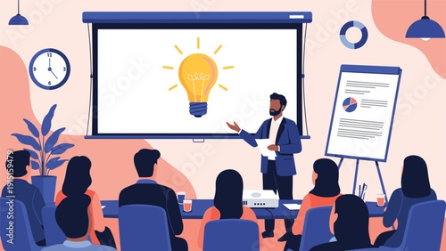 Professional businessman delivering a presentation with a light bulb idea on a projector screen to a diverse audience in a modern office.