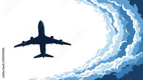 Silhouette of a large airplane flying through white clouds against a blue sky, representing travel, adventure, and the aviation industry.