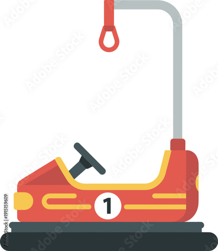 Red bumper car with number one on a black base and a gray pole with a red handle above it