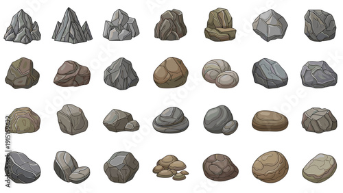 Realistic rock and stone illustrations in various shapes, sizes, and textures for game design, landscape backgrounds, and geological themes.