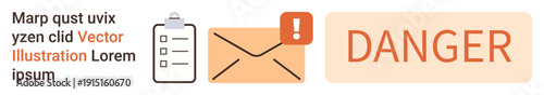 Cybersecurity, email threats, information security, safety warnings, digital alerts, communication risks. Envelope with exclamation mark, clipboard icon danger label. Cybersecurity and email threats