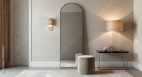 Sophisticated room design with standing full-length mirror, warm lamps, and a cushioned stool