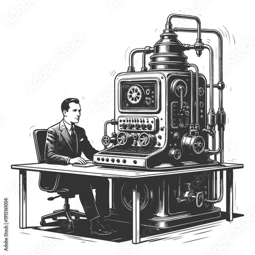 man in a suit seated at a whimsical steam-powered machine, symbolizing invention, thought, or creativity sketch engraving generative ai vector illustration. Scratch board imitation. Black and white.