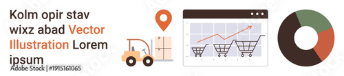 Ecommerce, logistics, data visualization, business growth, market analysis, customer behavior. Shopping carts on a growth chart, forklift moving boxes and a color-coded pie chart. Ecommerce