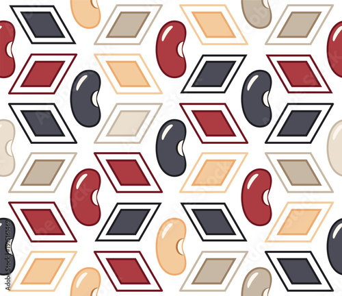 Seamless repeating pattern of minimalist flat kidney beans icons with colorful rhombuses alternating between them. Clean design on transparent background. For food packaging, product branding