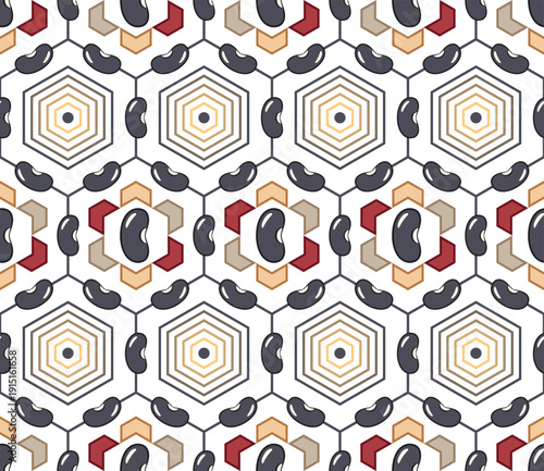 Seamless geometric pattern of black kidney beans. Elements are arranged horizontally on hexagonal grid on transparent background. Minimalist vector icons, flat design. For food packaging
