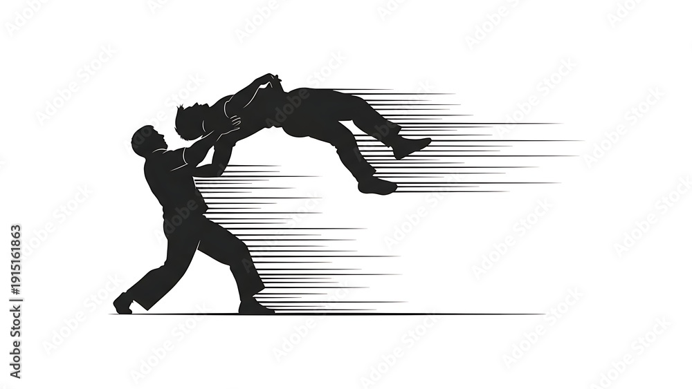 Fototapeta premium Grayscale Image: Silhouette of Two Men Wrestling Throwing Opponent