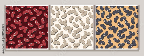 Set of seamless patterns with randomly scattered kidney beans. Minimalist flat vector icons on colorful backgrounds