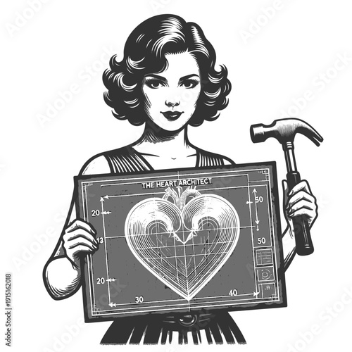 woman holding a hammer and a technical drawing of a human heart, symbolizing emotional rebuilding sketch engraving generative ai fictional character vector illustration. Scratch board. Black and white