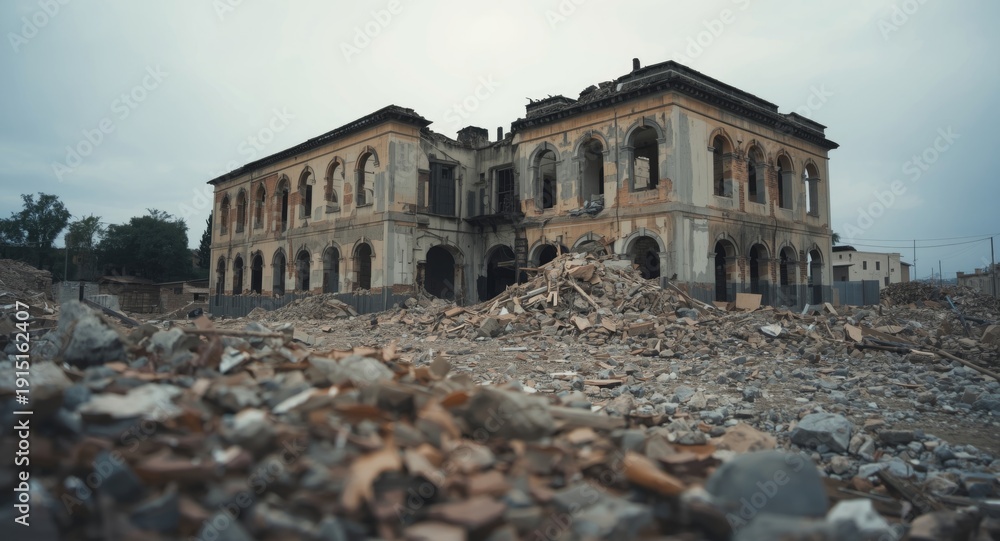 Obraz premium Rubble strewn area around deteriorated building with visible structure in daylight copy space
