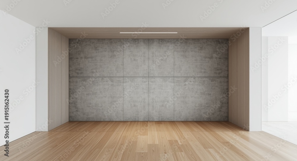 Fototapeta premium Modern rectangular interior with concrete wall and wood floor showcasing composite design pattern in clean white event space