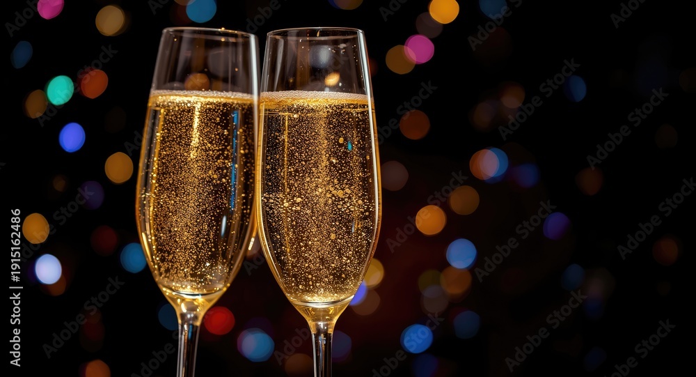 Naklejka premium Clinking champagne glasses highlighted by twinkling bokeh lights and celebratory copy space