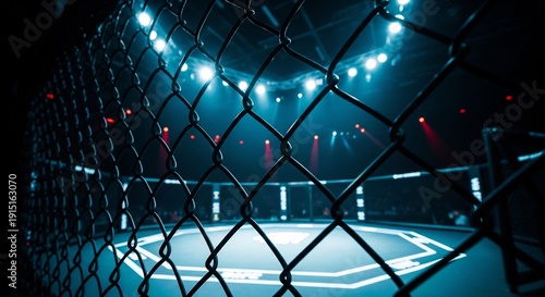 MMA fighting arena with chain link fence and bright stage lights