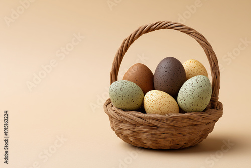 Wicker basket filled with colorful speckled Easter eggs on beige background