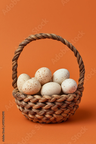 Braided rope basket filled with speckled Easter eggs on orange background