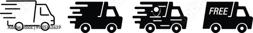 Fast delivery icon set. Free shipping, Express delivery trucks icons. Free delivery 24 hours. Logistic trucking sign. Delivery truck icons.
