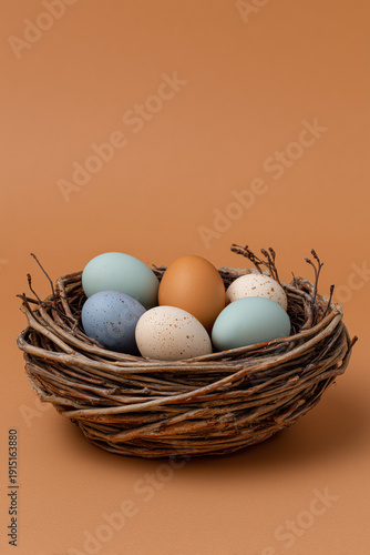Natural twig nest filled with pastel Easter eggs on orange background