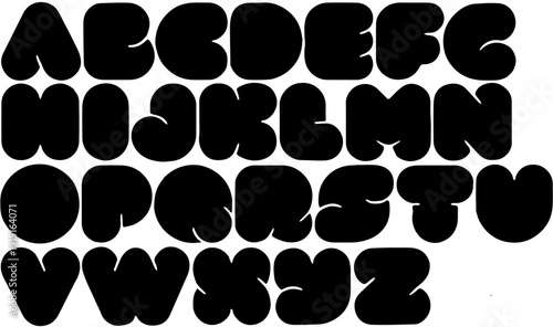 Full alphabet set in bold bubble font, black rounded uppercase letters on white background