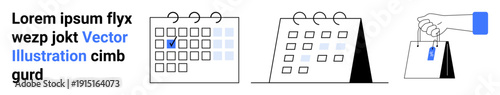 Scheduling, time management, event planning, productivity, task completion, appointment tracking. Three calendar icons and a hand holding a tag. Scheduling and time management concept
