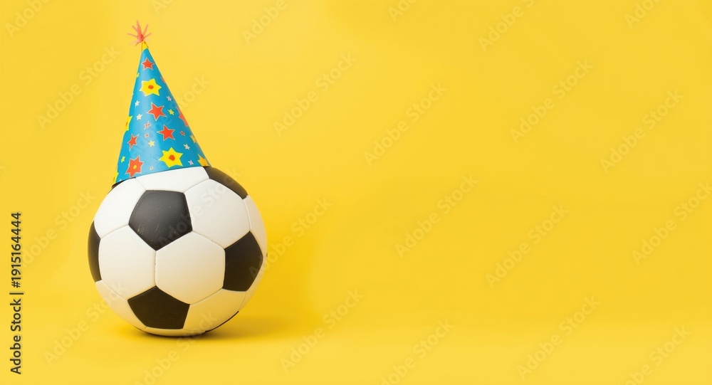 Naklejka premium Party themed soccer ball wearing colorful hat on yellow background for child birthday with copy space