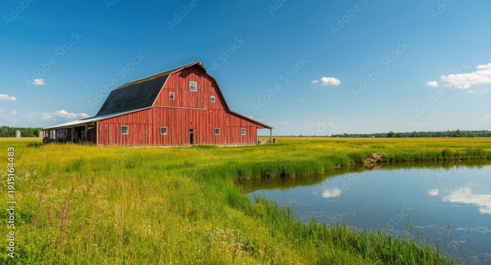 Obraz premium Brilliant red barn placed in a sunlit field beside a placid lake and copy space