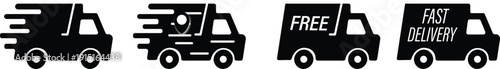 Delivery Truck icon set. Express delivery trucks icons. 24 hours, fast van, Free shipping. shipping vehicles, transportation symbols, express service, commercial logistics.
