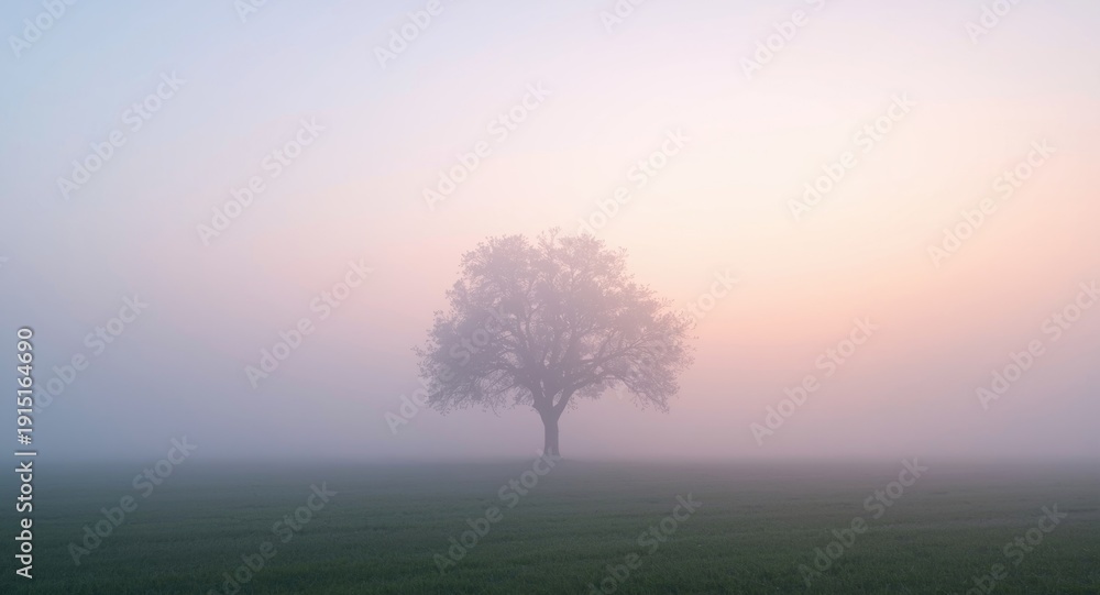 Obraz premium Distinct tree form emerging through gentle mist and color gradient backdrop with relaxed feel