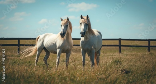 Serene pair of white horses standing calmly in a dynamic farm scene