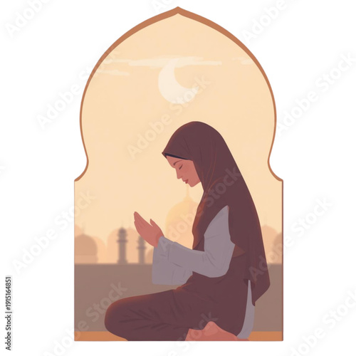 Muslim Woman Praying During Ramadan Flat Illustration