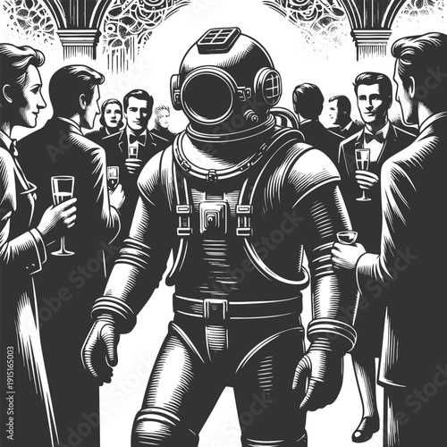 deep-sea diver awkwardly placed in a formal ballroom party, symbolizing social anxiety sketch engraving generative ai fictional character vector illustration. Scratch board imitation. Black and white.