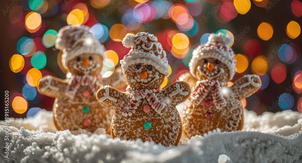 Naklejka premium Three joyful snowmen figures in gingerbread biscuit with soft focused colorful holiday lights