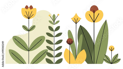 Illustration of various plants and flowers in a serene landscape from a frontal viewpoint showing growth and nature