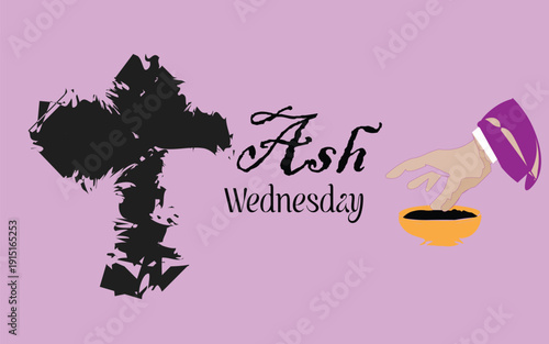 Ash Wednesday vector illustration with hand purple robe reaching ashes bowl black cross brush strokes light purple background design