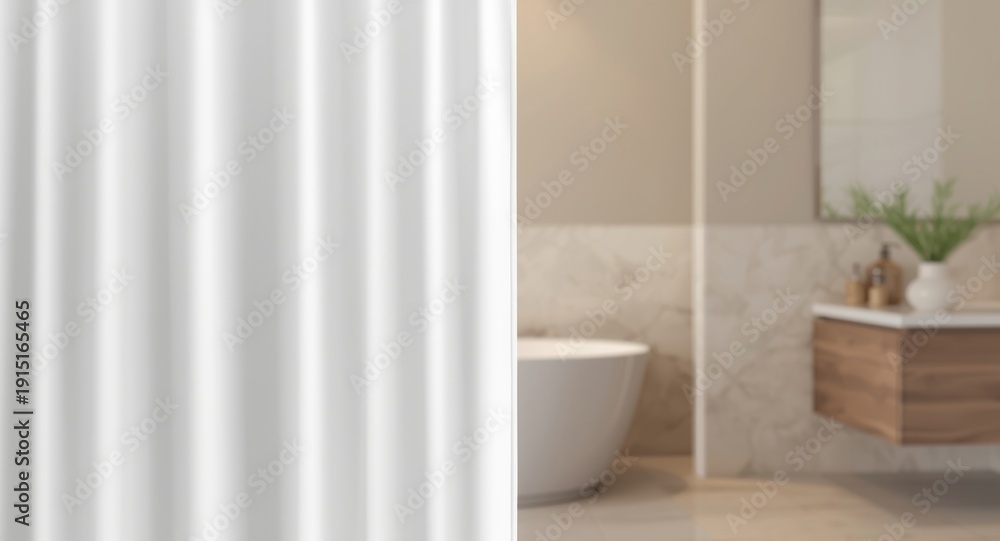 Fototapeta premium Shower curtain half turned and closed with clear polyester cover in bathroom mockup