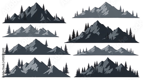 Mountain landscape silhouettes with trees in various configurations and viewpoints