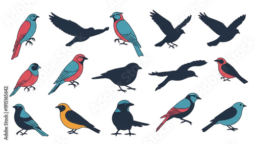 Collection of diverse bird species in various poses and colors displayed in a grid layout