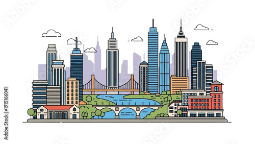 Cityscape illustration with modern skyscrapers, bridge, and river in urban landscape