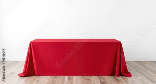Red tablecloth on a table positioned in front of a plain white wall with ample copy space