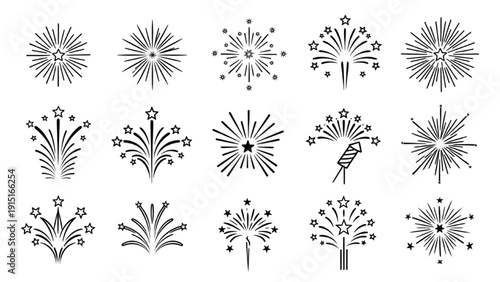 A collection of 16 unique fireworks illustrations arranged in a grid pattern showcasing various designs and styles from a straightforward viewpoint