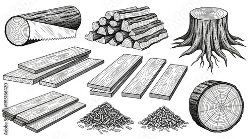 Illustration of various wooden elements including logs, planks, and tree stump