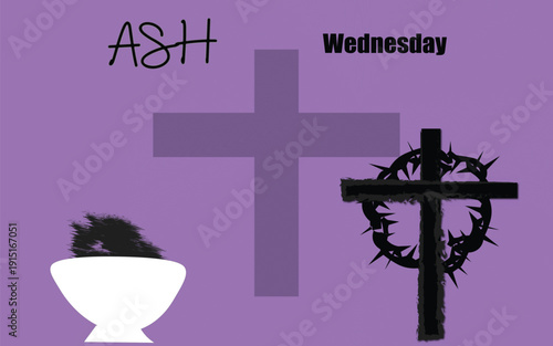 Ash Wednesday Christian vector illustration with cross crown of thorns ashes bowl purple background for Lent season design